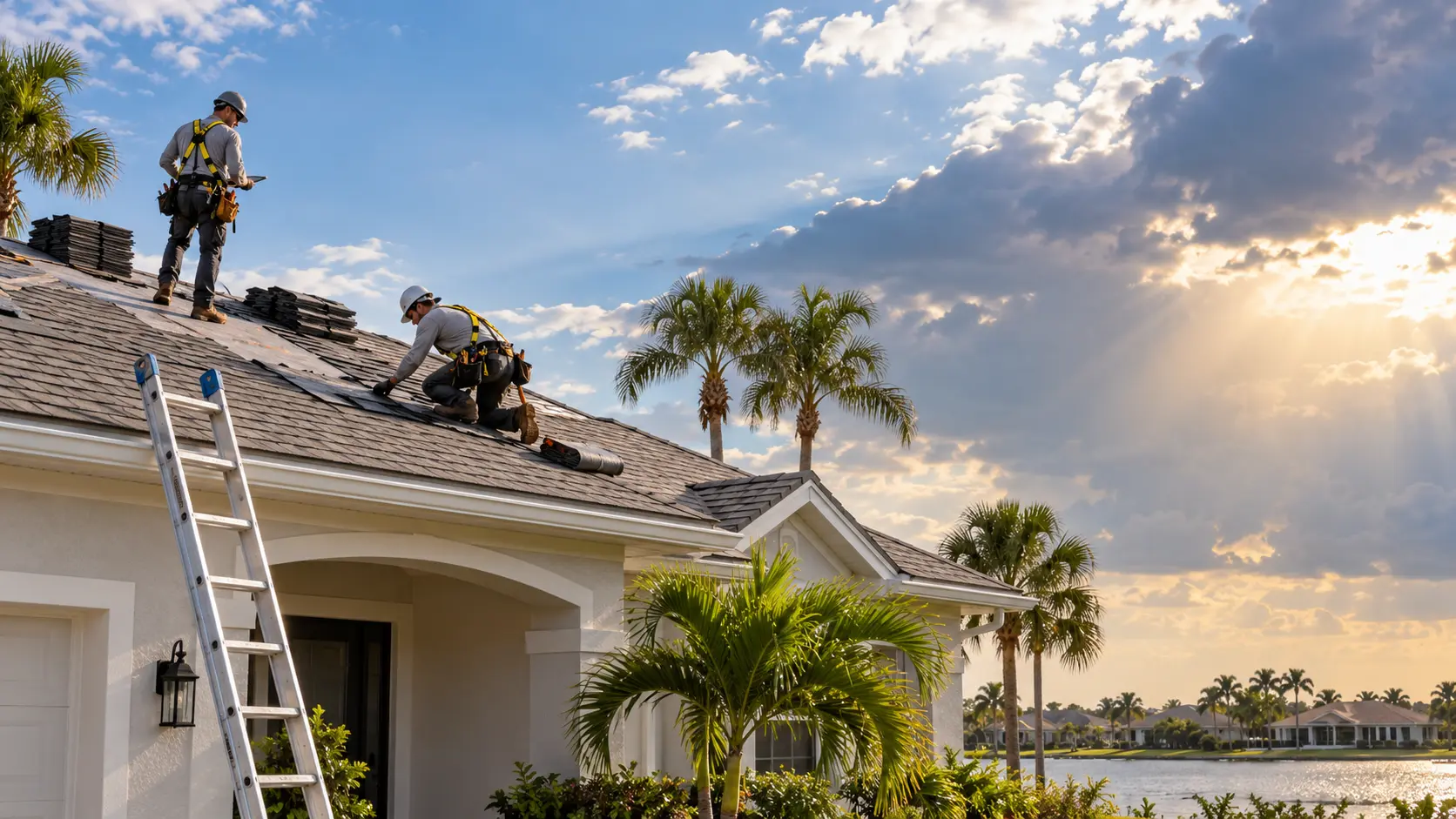 Two roofers replacing shingles on a Palm Bay Florida home at sunset